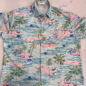 KYKU Flamingo Hawaiian Shirt Men XL Tropical Print Button Up Y2K Beach Flamingos